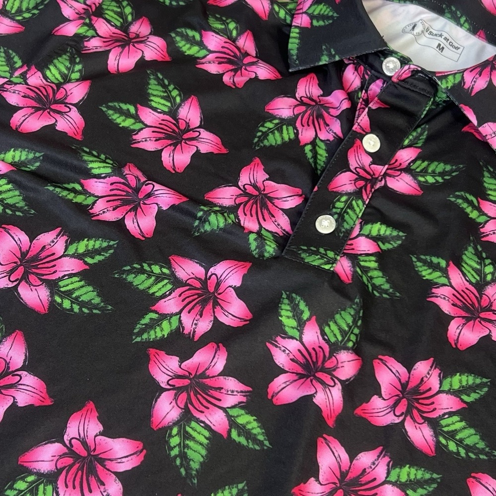 U Suck at Golf Mens Pink Floral Lily Polo Shirt Black Short‎ Sleeve Size Medium